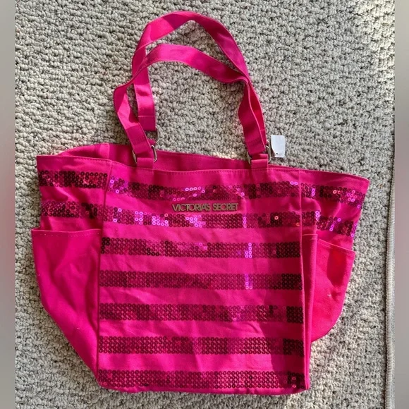 NWT Victoria's Secret HOT Pink Canvas Tote Bag Carry All Sequins - Picture 1 of 5